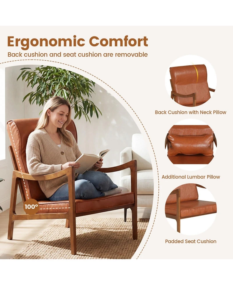 Sugift Modern Accent Chair Upholstered Faux Leather Armchair with Removable Lumbar Pillow