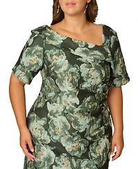 Adrianna Papell Plus Floral Asymmetrical Neckline Short Sleeve Gown