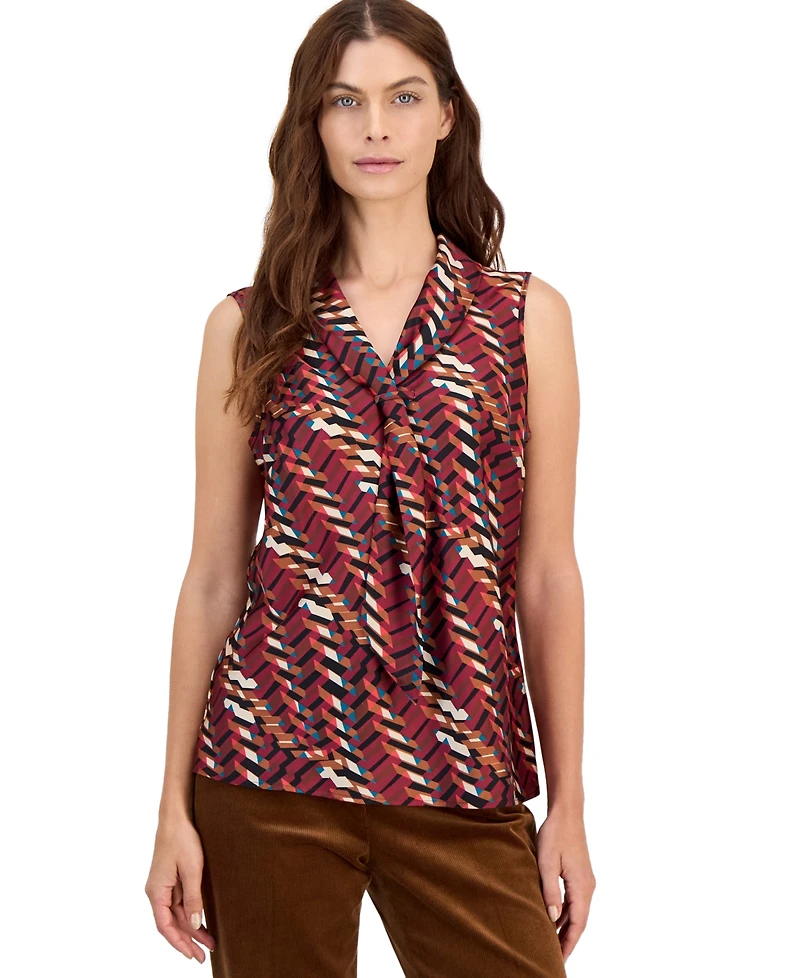 Tahari Plus Sailor Tie Sleeveless Geometric-Print Blouse