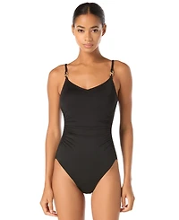 Michael Kors Women's V-Neck Ruched One-Piece Swimsuit