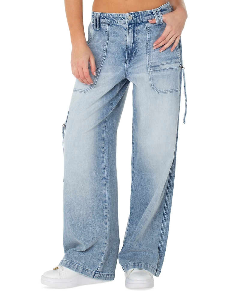 Celebrity Pink Juniors' Baggy Wide-Leg Light-Wash Cargo Jeans