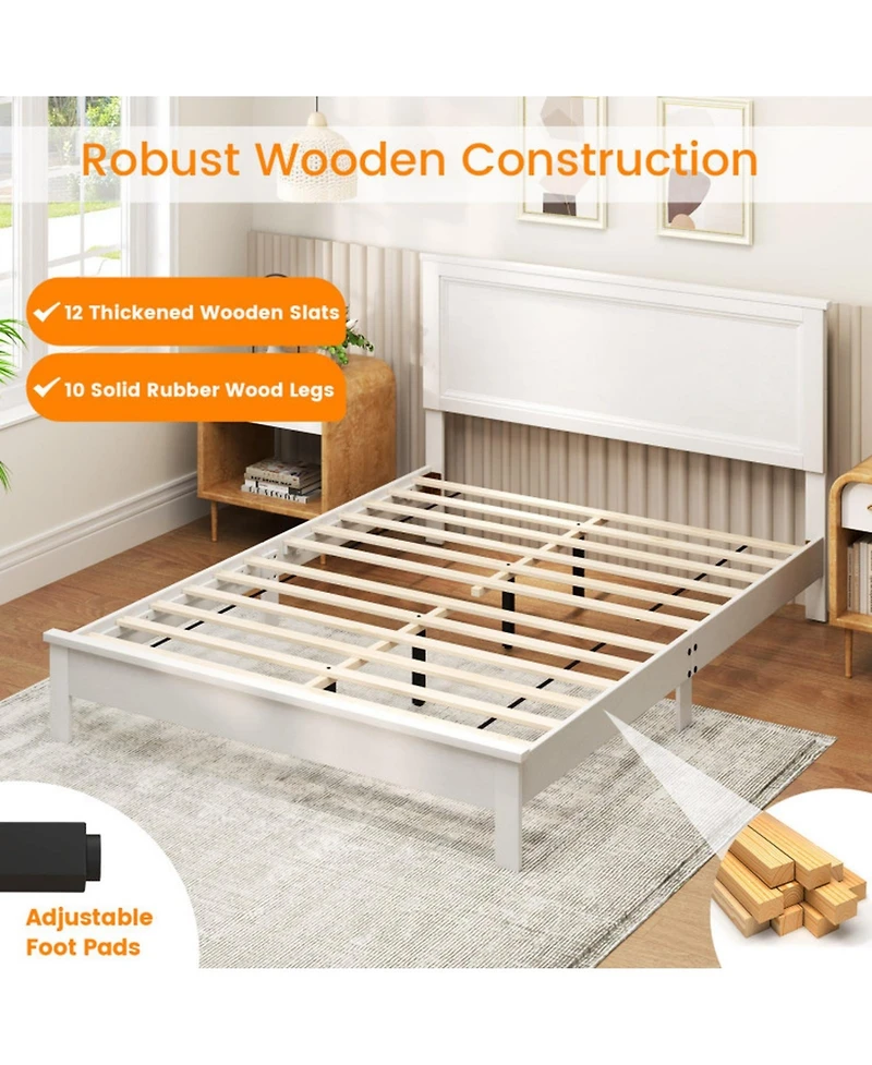 Gouun Queen Size Platform Bed Frame with High Slatted Headboard and Rubber Wood Legs