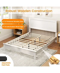Gouun Queen Size Platform Bed Frame with High Slatted Headboard and Rubber Wood Legs
