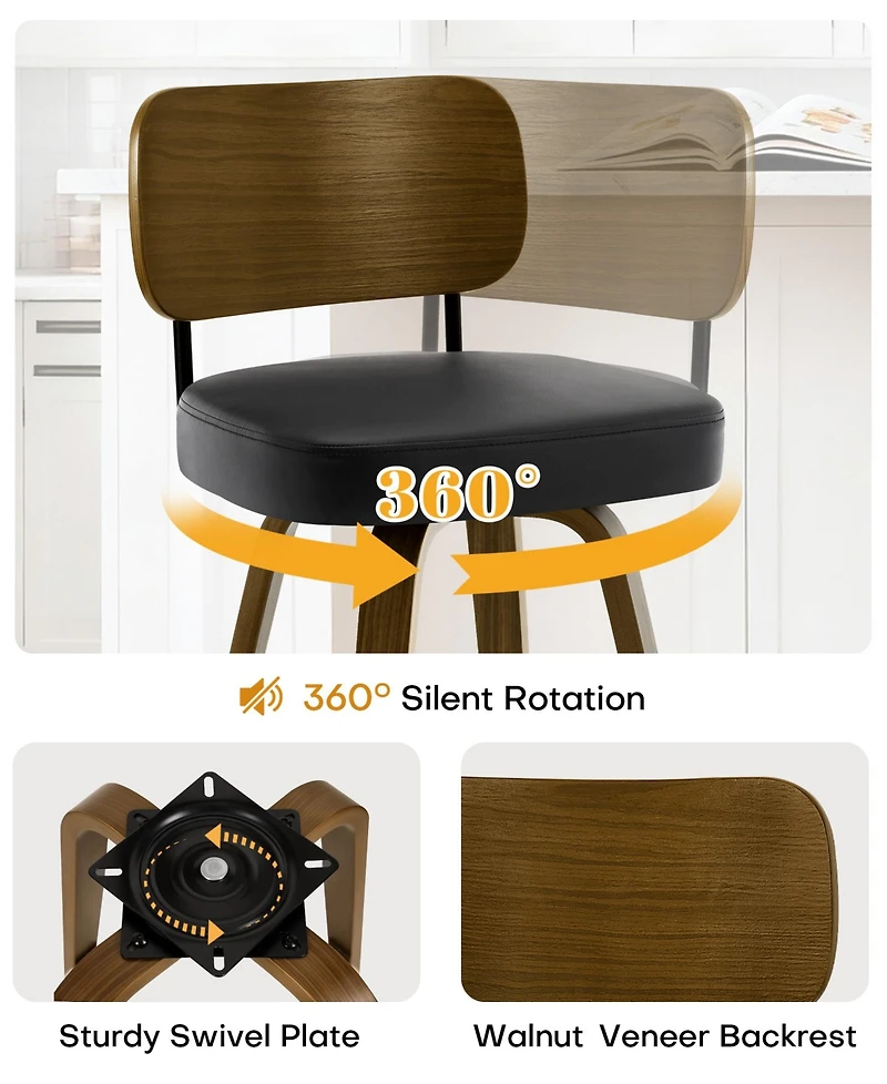 Bekrvio 26" Swivel Bar Stool, Faux Leather with Bentwood Frame and Footrest, Counter Height for Kitchen Island