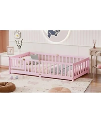Streamdale Furniture Twin Size Wood Floor Bed with Fence and Door