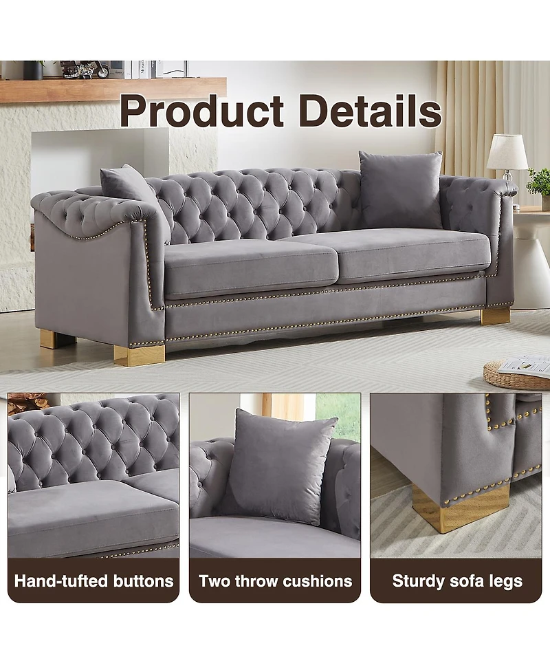 Streamdale Furniture Classic Modern 84" Velvet Chesterfield Sofa with Rolled Arms