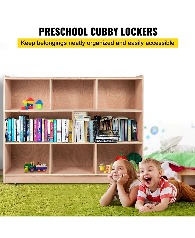 Slickblue Rolling Cubby Storage Cabinet with 8 Cubbies, 3-Shelf Organizer for Preschool and Classroom