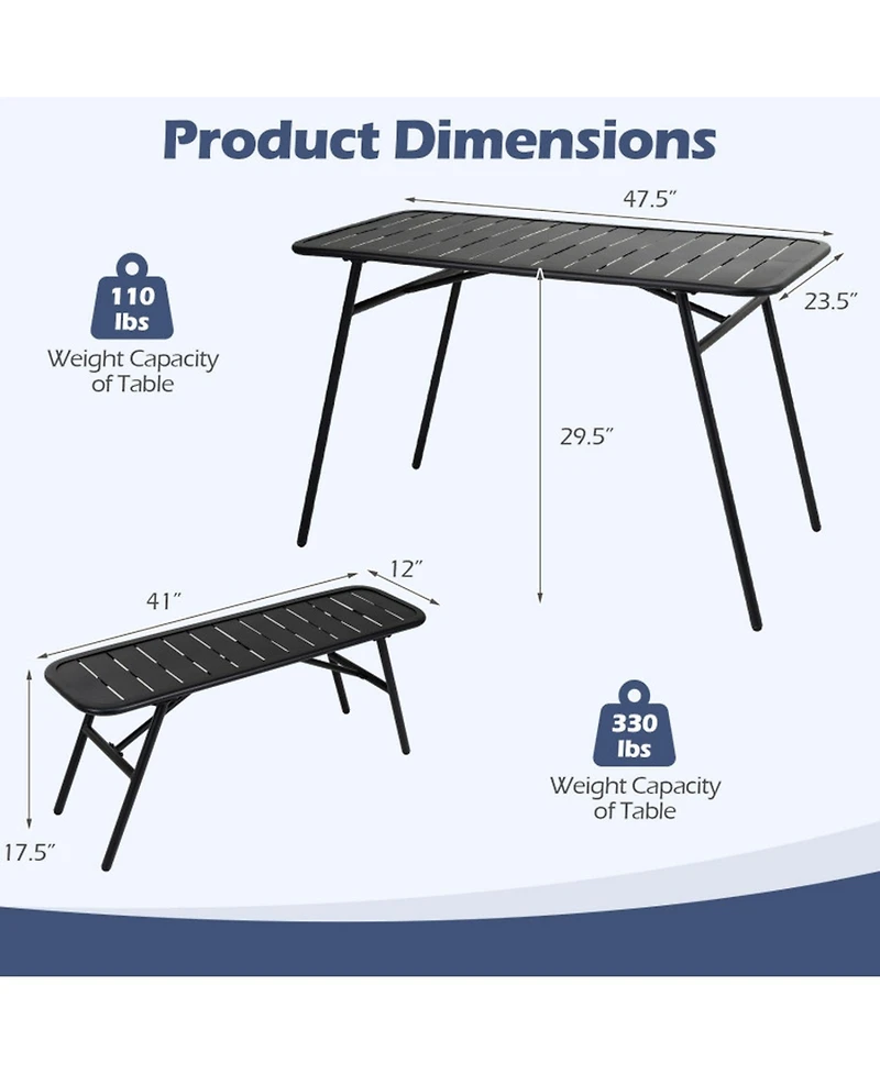 Sugift 3-Piece All-Metal Outdoor Dining Set with Slatted Table and 2 Benches
