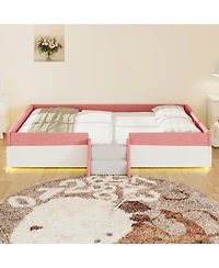 Streamdale Furniture Queen Upholstered Floor Bed with Fence, Steps and Led Lights