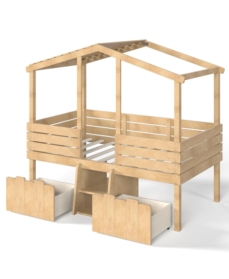 Streamdale Furniture Twin House Loft Bed with Stairs and 2 Storage Drawers