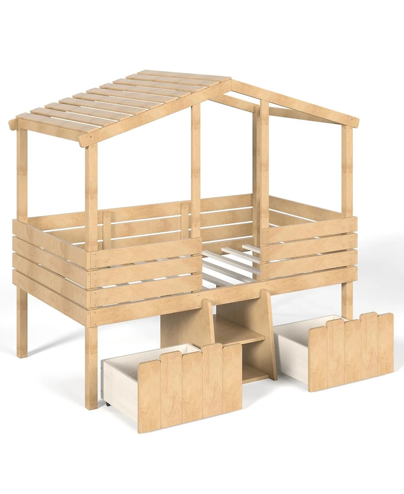 Streamdale Furniture Twin House Loft Bed with Stairs and 2 Storage Drawers