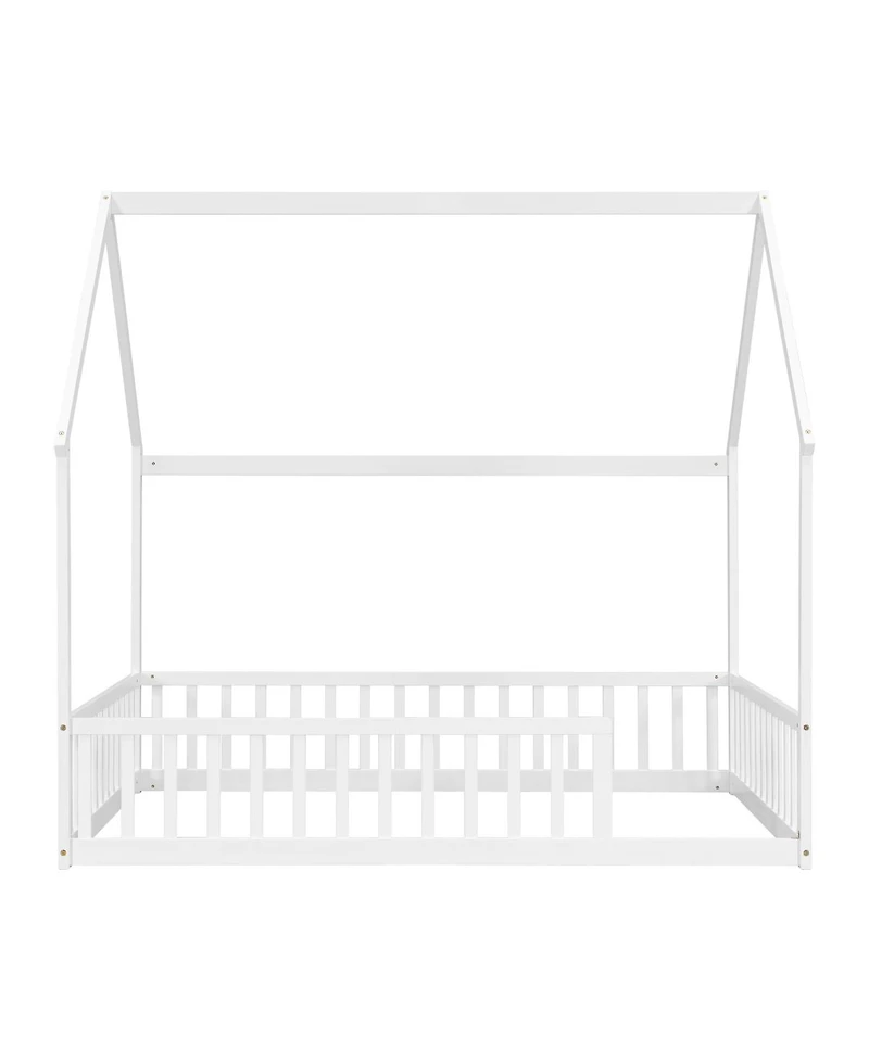 Streamdale Furniture Full Size House Floor Bed with Roof and Guardrails