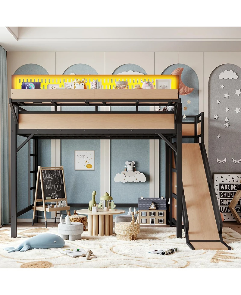 Streamdale Furniture Full Size Metal Loft Bed with Slide, Wardrobe, Usb, Led and Pegboard