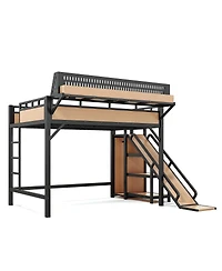 Streamdale Furniture Full Size Metal Loft Bed with Slide, Wardrobe, Usb, Led and Pegboard