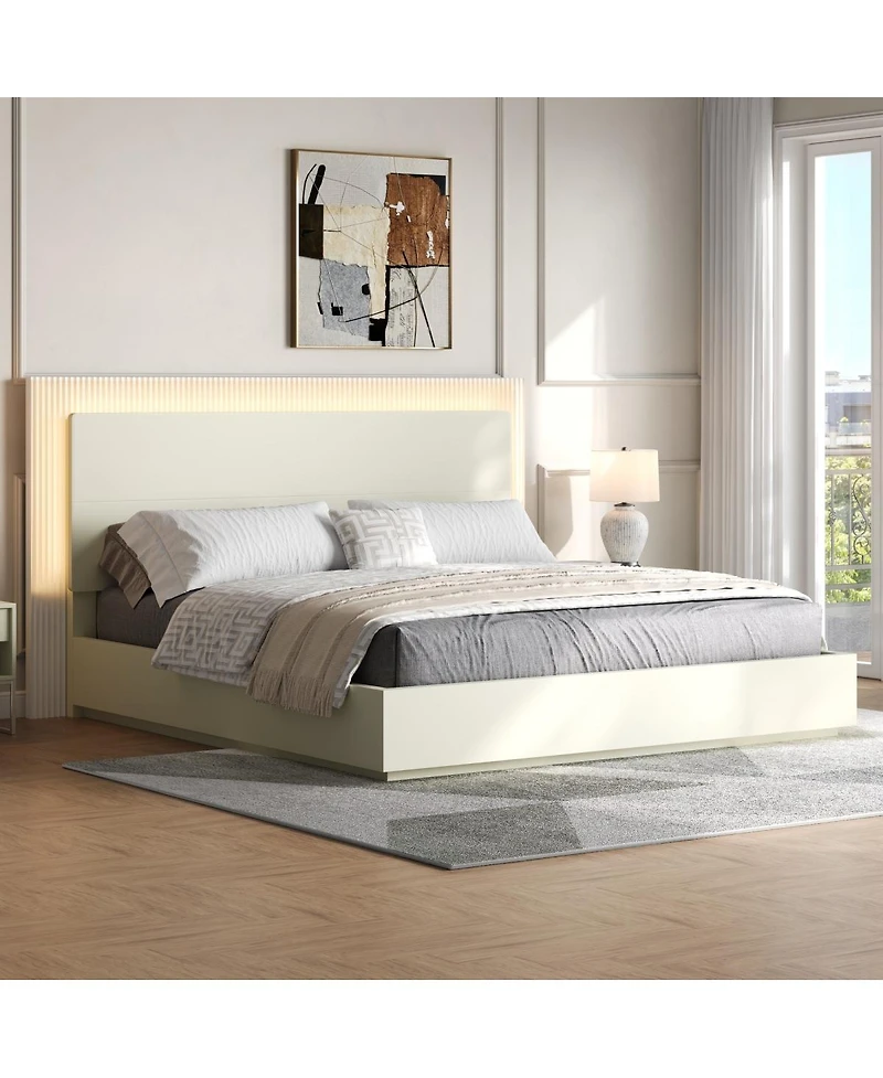 Streamdale Furniture Platform Bed Frame with Headboard and Led Light, Wood Slat Support,King
