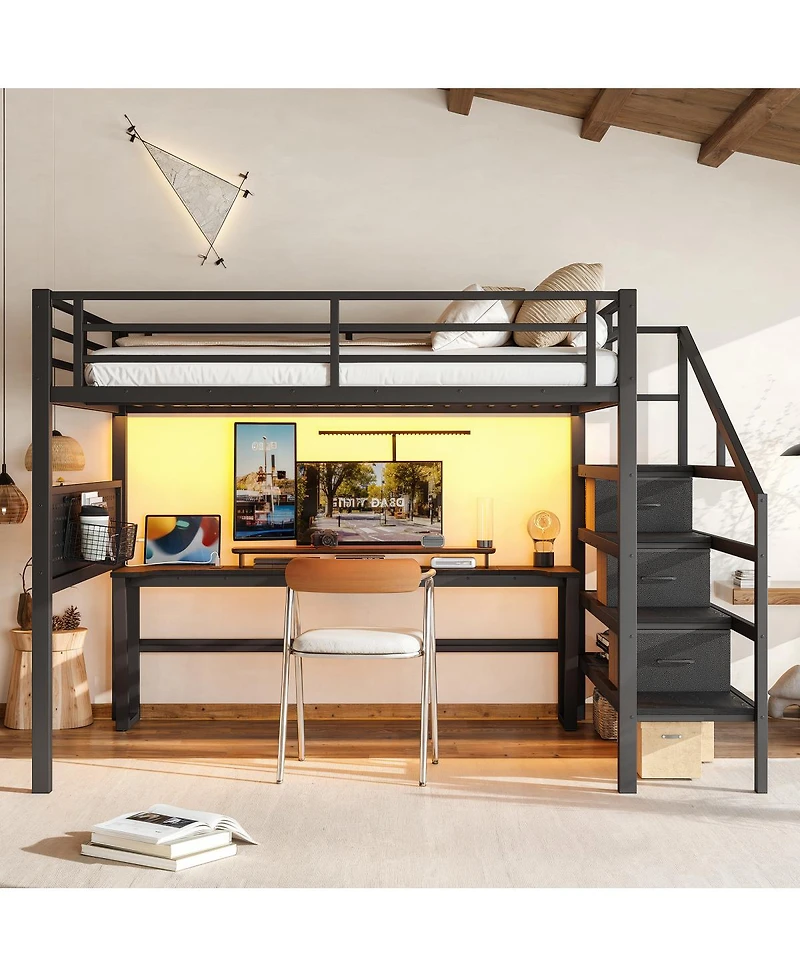Streamdale Furniture Queen Metal Loft Bed with Desk, Stairs, Led and Storage Drawers