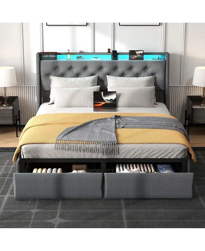 Streamdale Furniture Led Tufted Linen Platform Bed Frame with Drawers and Usb Charging