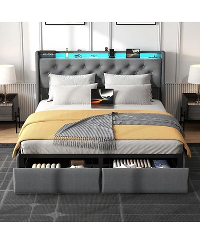 Streamdale Furniture Led Tufted Linen Platform Bed Frame with Drawers and Usb Charging