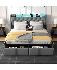 Streamdale Furniture Led Tufted Linen Platform Bed Frame with Drawers and Usb Charging