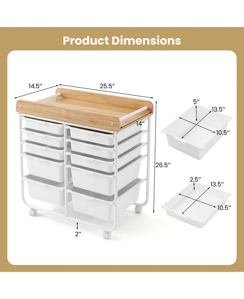 Sugift 10-Drawer Rolling Cart with Wooden Tabletop Side Handles and Lockable Wheels