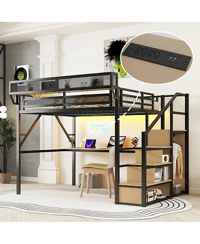 Streamdale Furniture Queen Loft Bed with Desk, Charging Station, Stairs, and Light