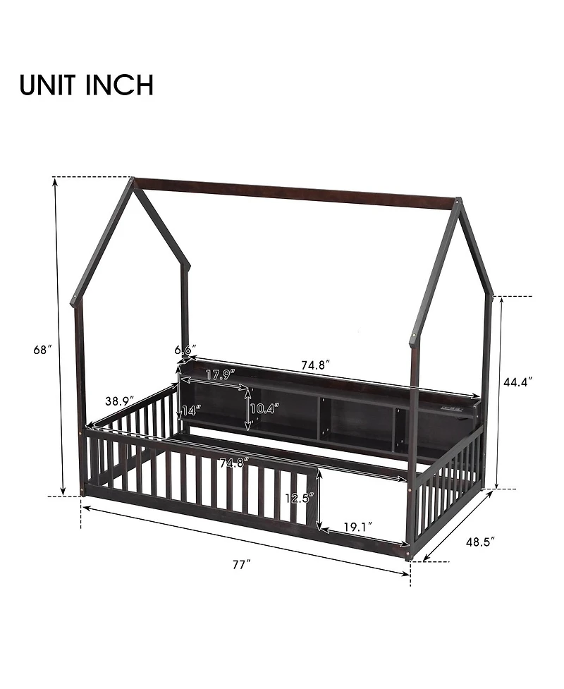 Streamdale Furniture Twin House Floor Bed with Storage, Led, Charging Station