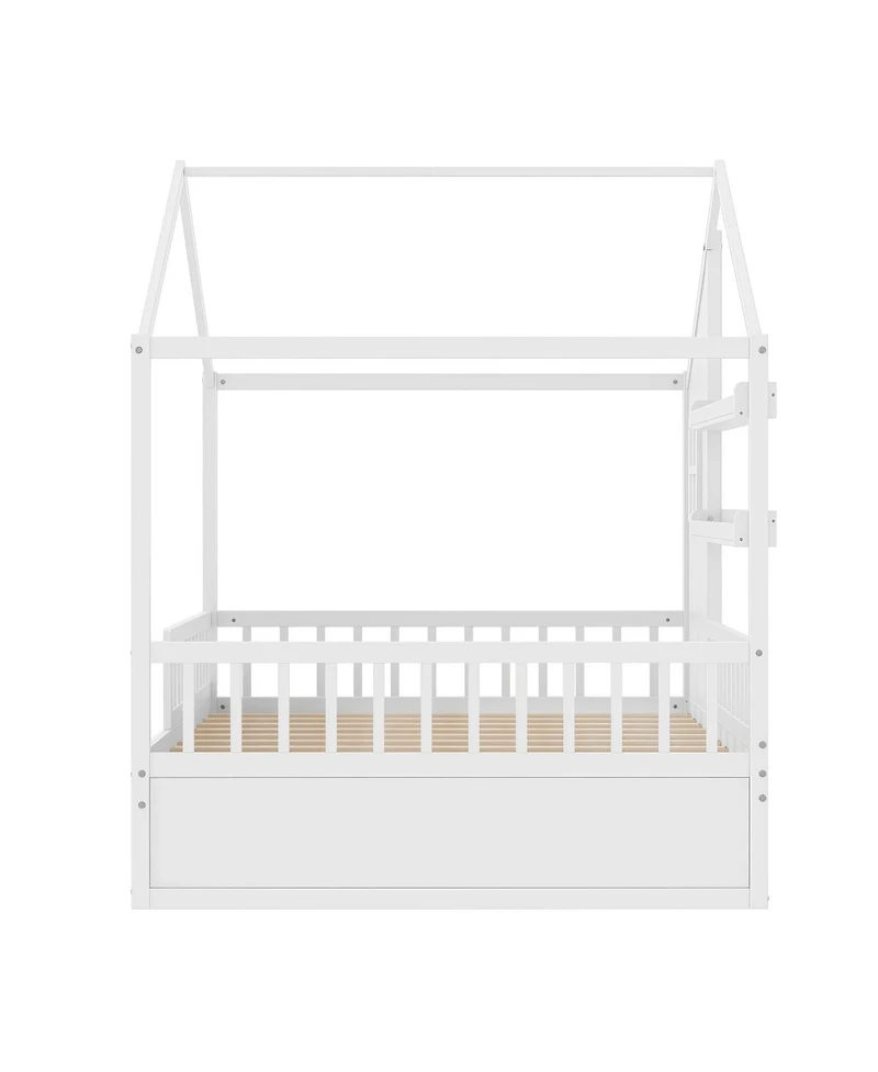 Streamdale Furniture Kids Montessori Floor Bed with Roof, Guardrails and 2 Drawers