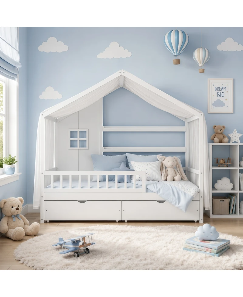 Streamdale Furniture Kids Montessori Floor Bed with Roof, Guardrails and 2 Drawers