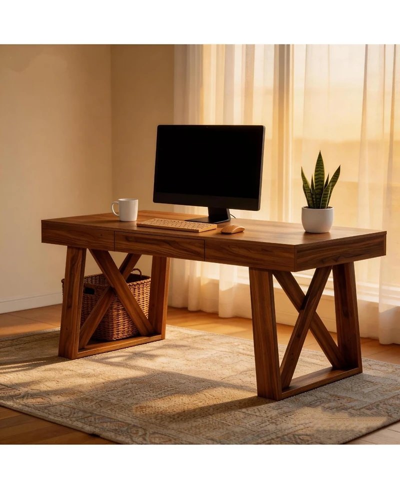 Tribesigns 55 Inches Walnut Computer Desk with Drawer, Mid-Century Farmhouse Executive Desk, Rustic Wide Desktop Home Office Desk for Workstation