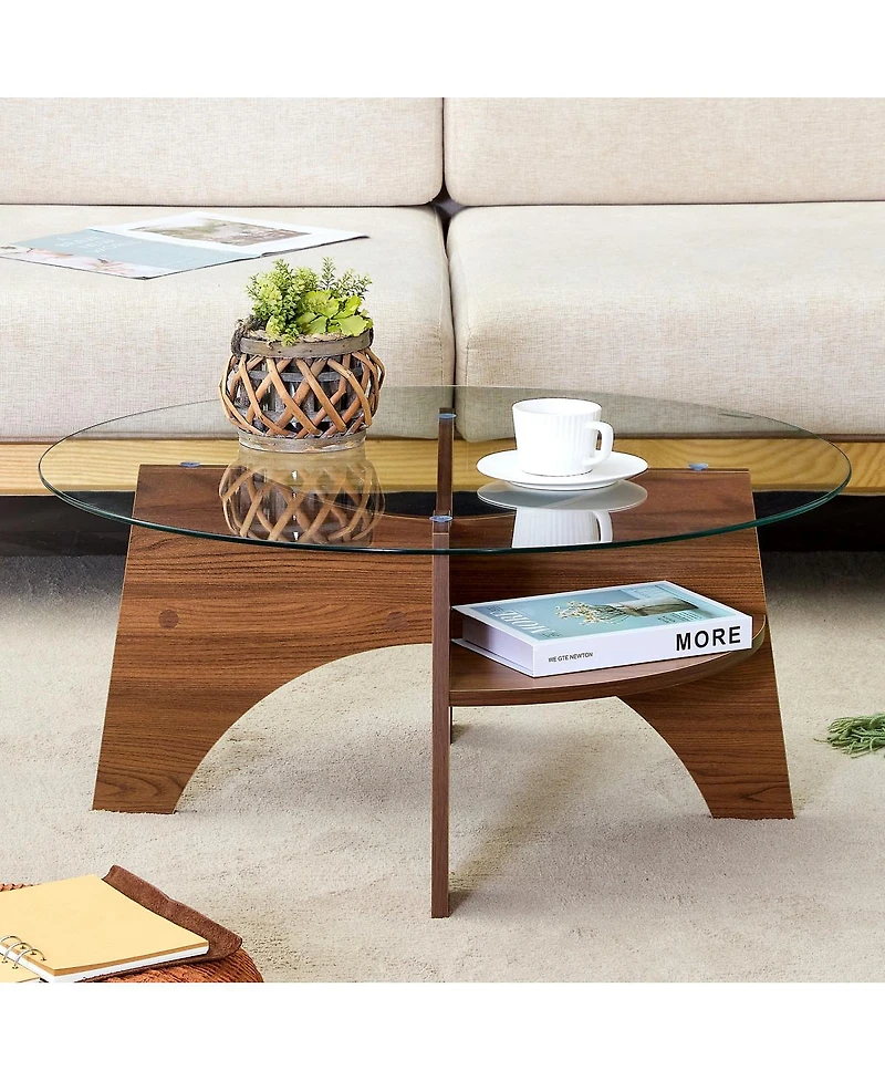 Streamdale Furniture Round Tempered Glass Coffee Table, Walnut Grain Pedestal Base, 31.5