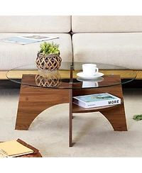 Streamdale Furniture Round Tempered Glass Coffee Table, Walnut Grain Pedestal Base, 31.5