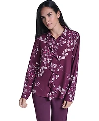 Calvin Klein Women's Floral-Print Ruffled-Front Long-Sleeve Blouse