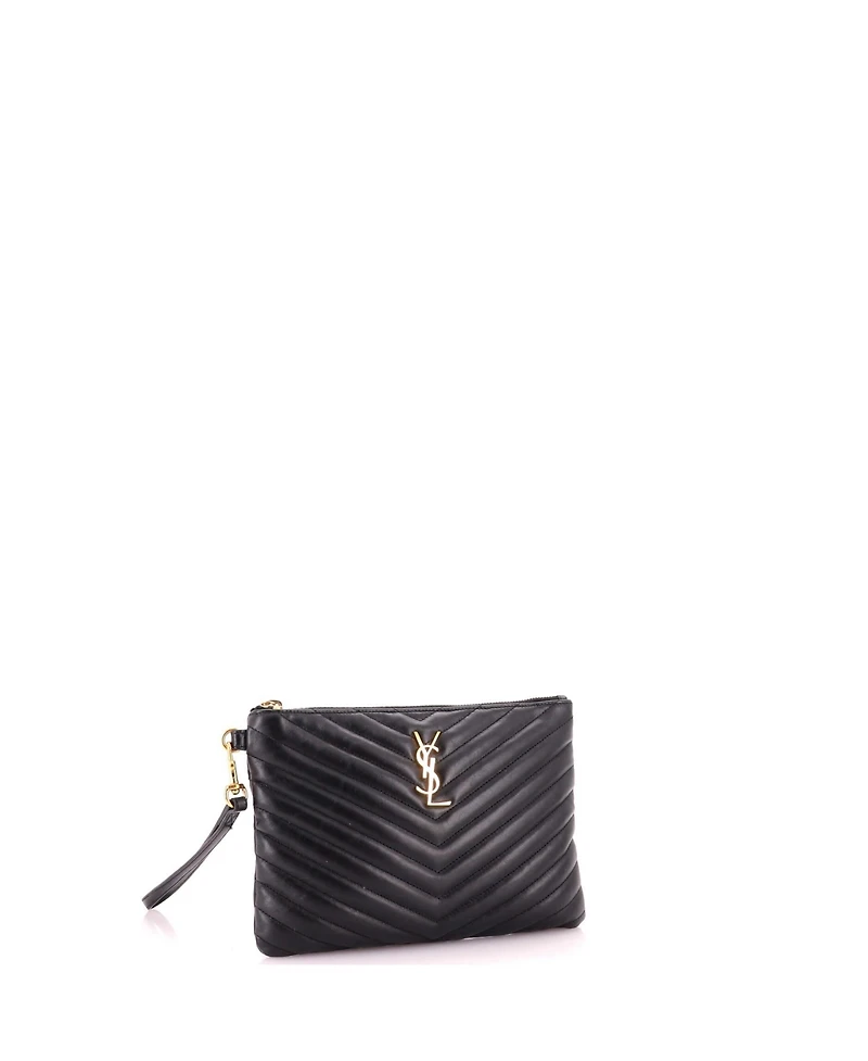 Pre-Owned Saint Laurent Small Classic Monogram Wristlet Pouch Matelasse Chevron Leather