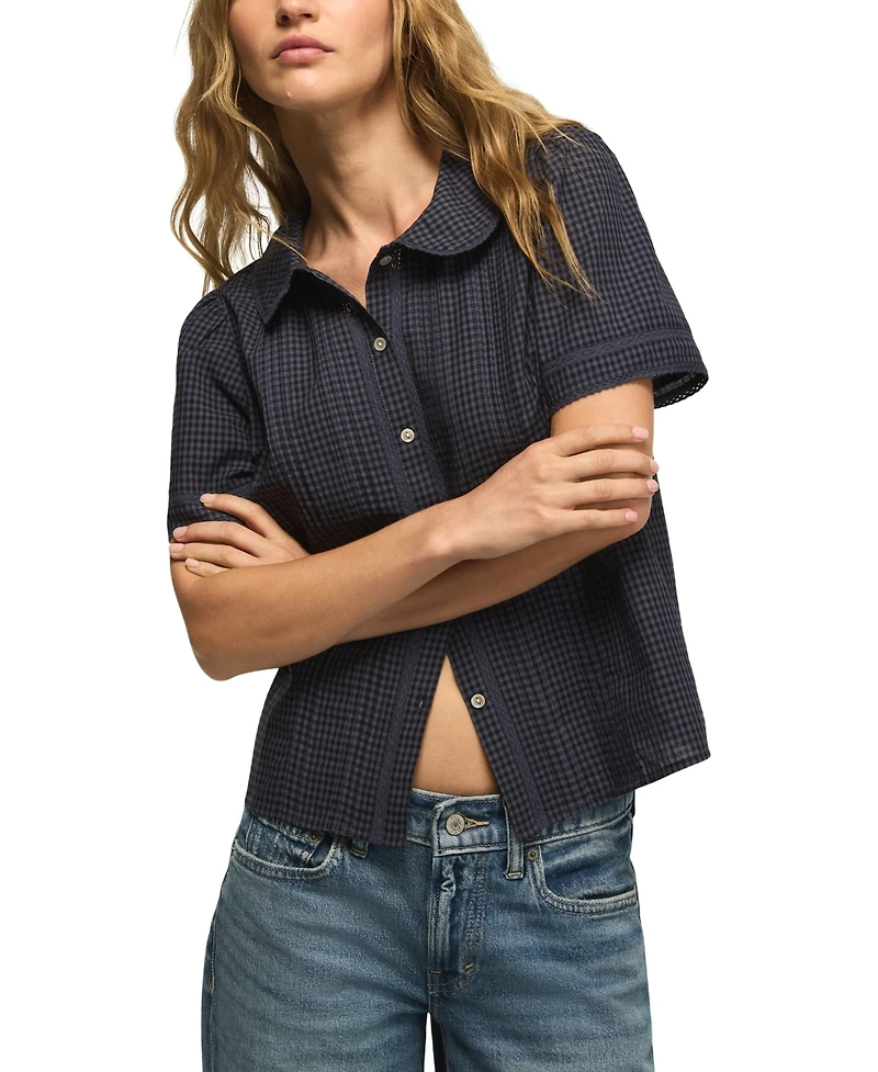 Lucky Brand Women's Gingham Peter Pan Collar Short-Sleeve Blouse