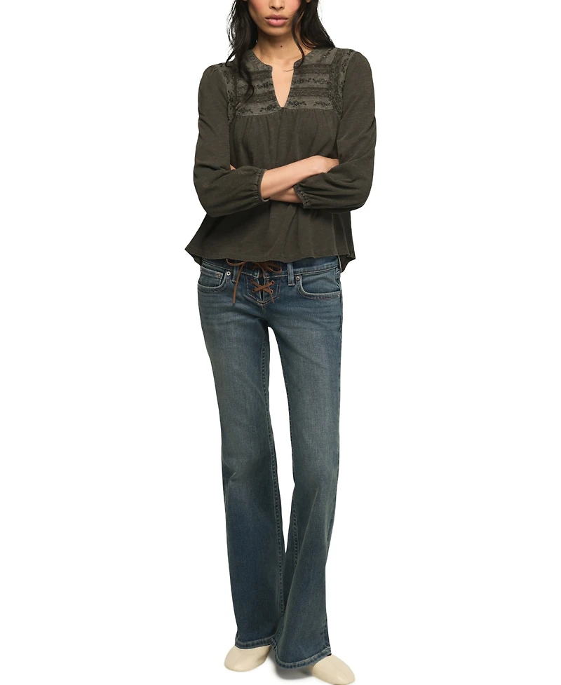 Lucky Brand Women's Trim Mix Knit Lace-Trim Embroidered Peasant Top