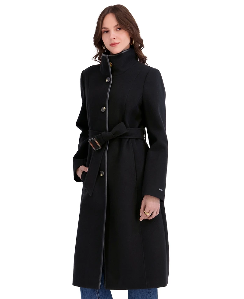 Tahari Women's Belted Faux-Leather Trimmed Funnel Neck Coat