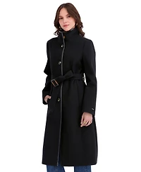 Tahari Women's Belted Faux-Leather Trimmed Funnel Neck Coat