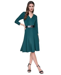 Dkny Women's Long Sleeve V-Neck Belted Fit and Flare Midi Dress