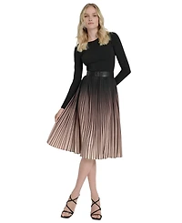 Dkny Women's Pleated Jewel Neck Belted Midi Dress