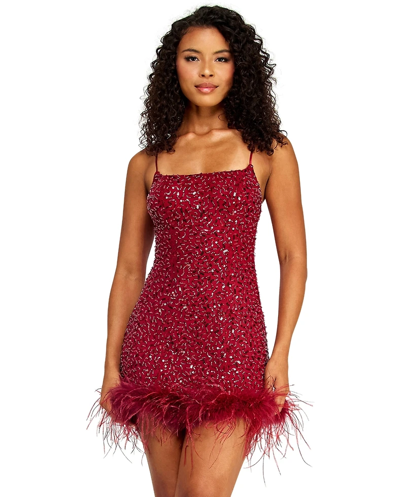 Alex & Sophia Juniors' Square Neck Bead Imitation Pearl Detail Sequin Dress