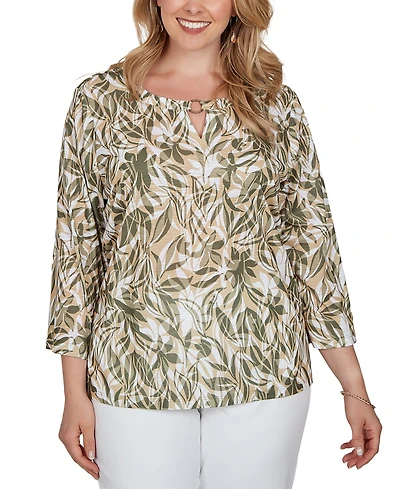 Hearts Of Palm Plus Green Leaf Printed Slub Top