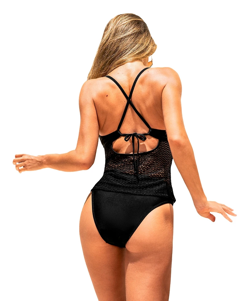 Cupshe Women's Crochet Mesh Tummy Control Tankini and Bikini Bottom, 2-Piece Set
