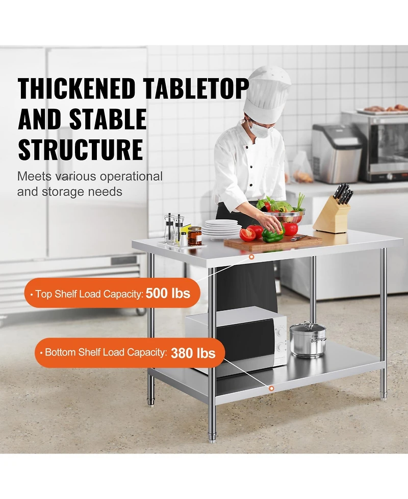 Sugift 30 x 48 Inch Stainless Steel Prep Table with 880 Pound Capacity and 3 Height Levels
