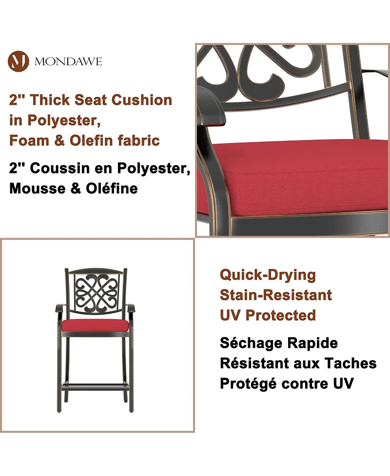 Mondawe 4-Piece Outdoor Bar Stool Set with Decorative Backrests and Red Cushions