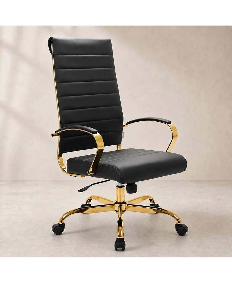 LeisureMod Set of 8 Benmar Modern Contemporary High-Back Leather Executive Office Chair with Ribbed Design and Padded Armrests