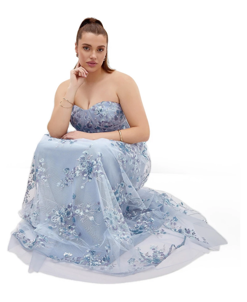 City Chic Plus Ambrosia Fit-and-Flare Embroidery Tulle Maxi Dress