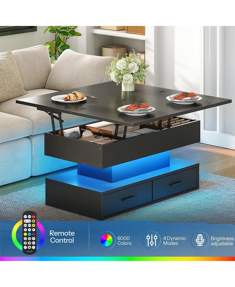 Slickblue Modern Lift Top Coffee Table with Led Light, Open Shelves and Hidden Storage