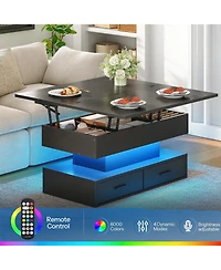 Slickblue Modern Lift Top Coffee Table with Led Light, Open Shelves and Hidden Storage
