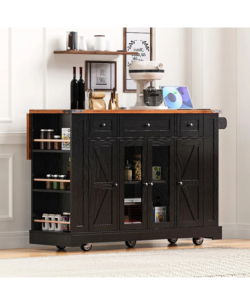 Streamdale Furniture 53" Rolling Farmhouse Kitchen Island with Glass Doors, Drop Leaf and Power Outlet