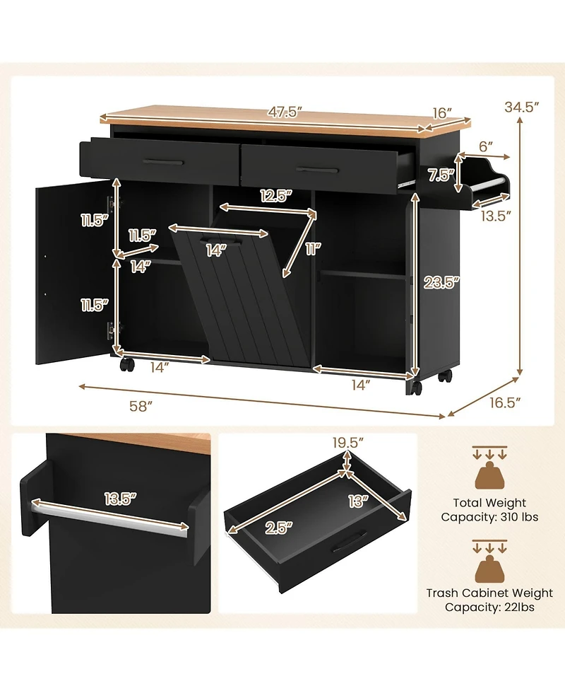 Volenca Rolling Kitchen Island Cart with Storage Shelves and Casters